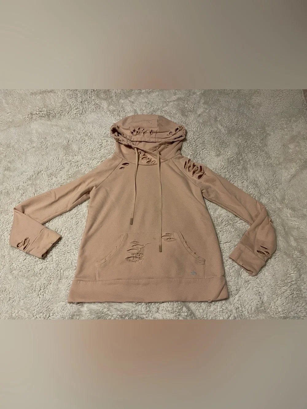 Alo Yoga Ripped Distressed Hoodie Womens Size S Peach Pullover Sweatshirt
